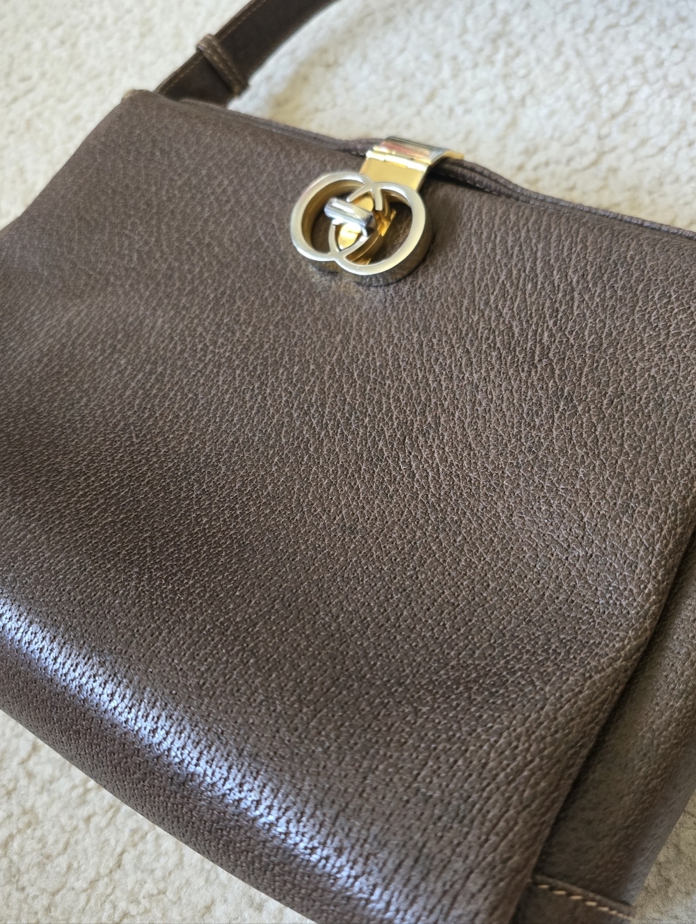 Vintage Gucci Brown Leather Structured Shoulder Bag with GG Logo & Serial # - Picture 8 of 16